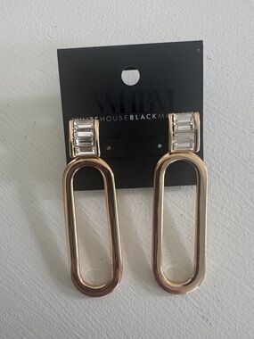 White House Black Market Gold Open-Link Drop Earrings with Baguette Crystals